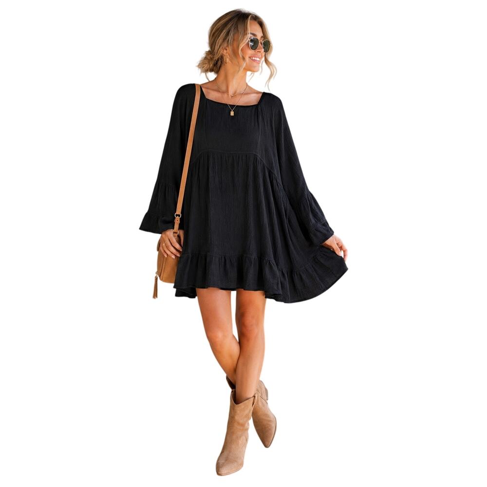 FP Beach Women's Large Black Gauze Boho Babydoll Mini Dress Bell Sleeve